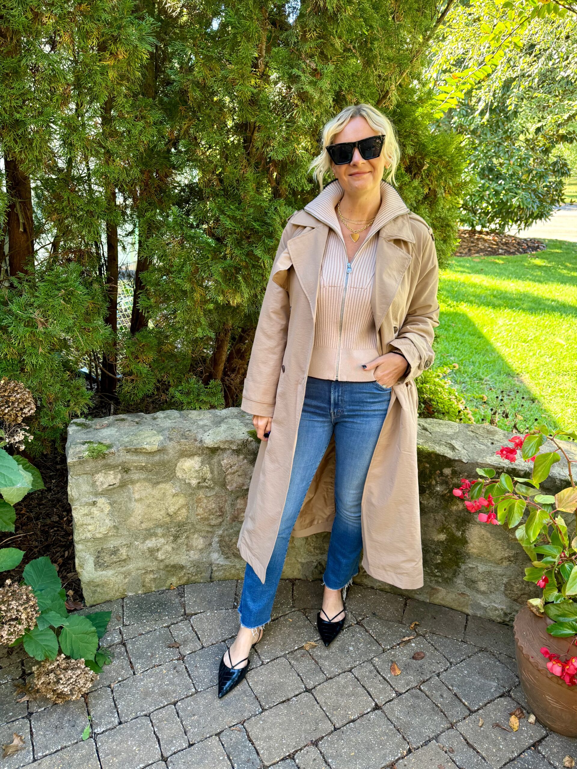 How To Layer Trench Coat & Sweater & Jeans how to wear a trench coat how to layer this winter how to style a trench coat how to style black flats Nashville personal stylists share tips for layering