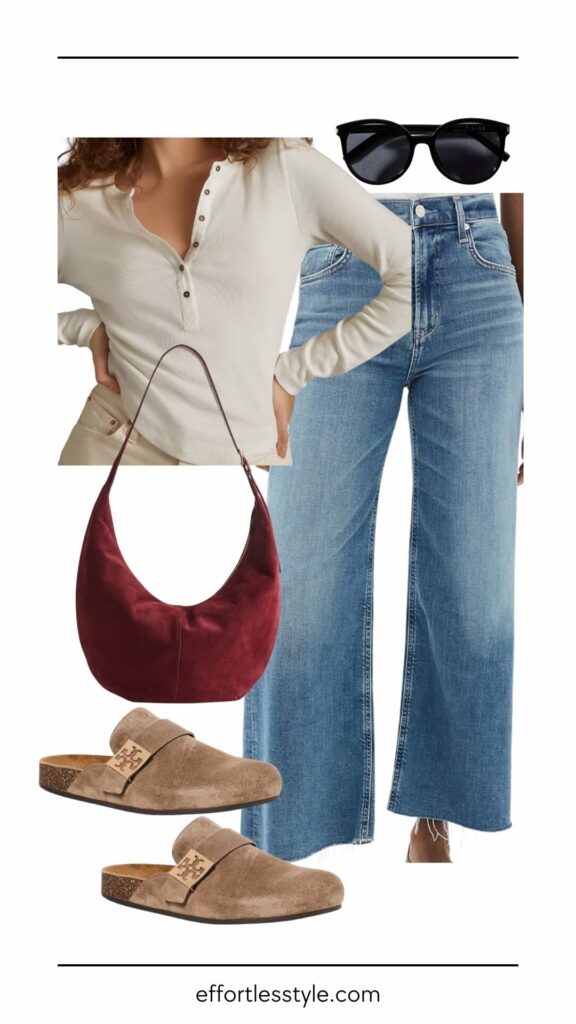 Step Up Your Carpool Game: Looks That Impress Long Sleeve Henley & Wide Leg Jeans how to style a henley how to wear wide leg jeans the best fall and winter accessories fun handbags the best shoes for winter