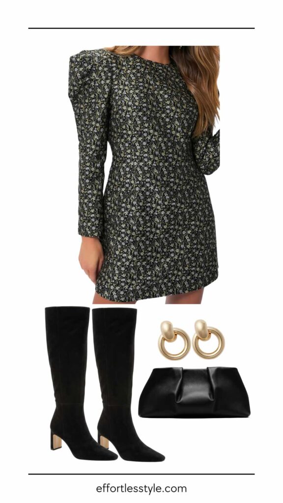 5 Outfit Ideas For Late November Printed Jacquard Dress & Tall Boots what to wear for Thanksgiving how to style tall boots what to wear for girls night out winter style inspiration holiday party outfit