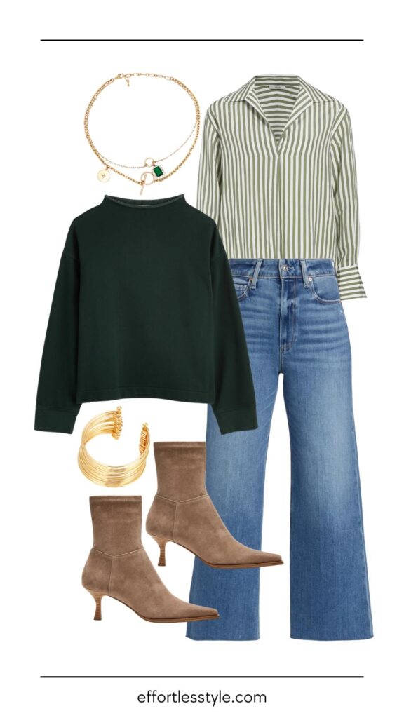 How To Layer Sweatshirt & Striped Button-Up Shirt & Wide Leg Ankle Jeans how to style stripes how to layer a sweatshirt over a button-up shirt how to dress up a sweatshirt how to style sock booties the best gold jewelry how to layer this winter