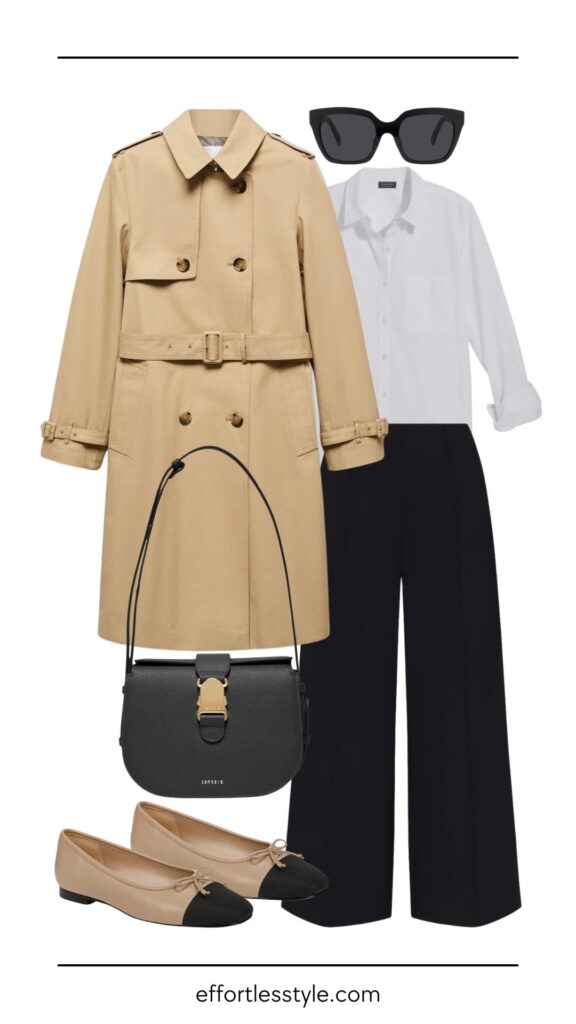 Cropped Wide Leg Pants & Ballet Flats how to wear ballet flats with wide leg pants how to wear flats with pants what to wear to work fall outfit for the office how to style cap toe flats how to style a trench coat how to style a button-up shirt