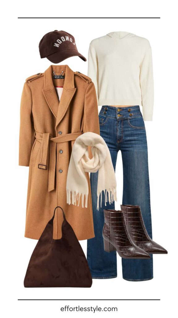 How To Layer Wool Trench Coat & Hoodie & Wide Leg Jeans the best winter coats how to style a wool coat how to layer a coat over a hoodie how to style a baseball hat the best winter accessories how to style croc embossed booties how to wear a scarf how to layer this winter