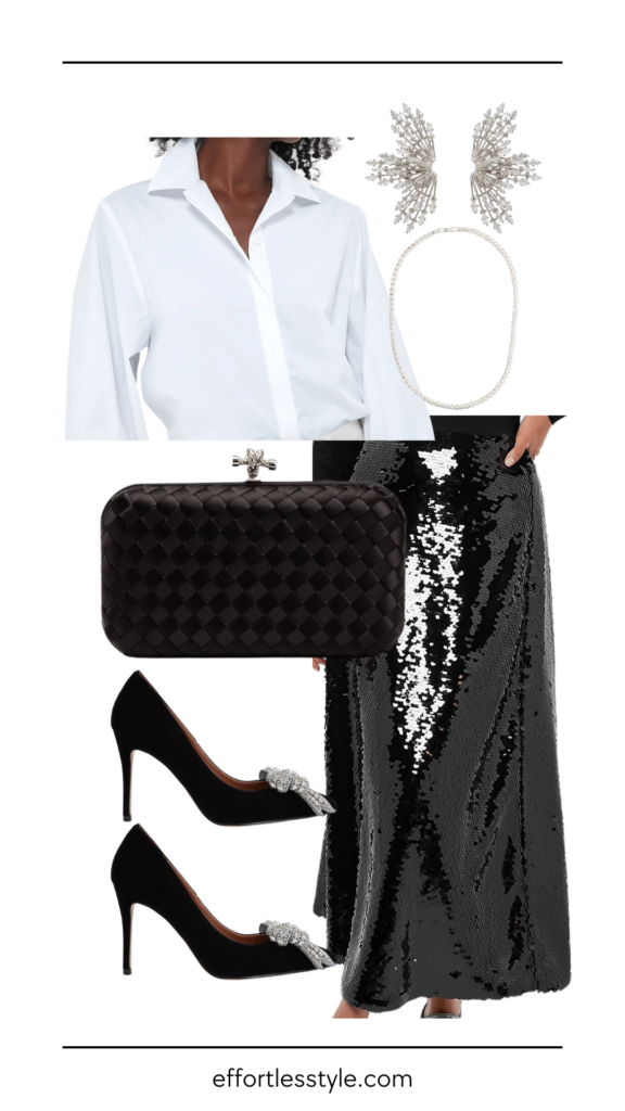 Holiday Looks At All Price Points Button-Up Shirt & Sequin Skirt splurgeworthy items for holiday parties how to style a sequin skirt for holiday parties the best holiday party accessories what to wear for new years eve Nashville personal shoppers share holiday party outfits what to wear to a Christmas party what to wear to an office holiday party