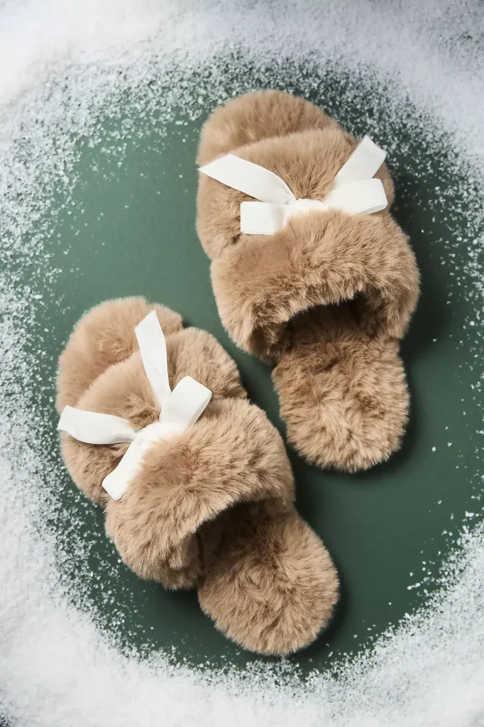 What We're Wearing: Home For the Holidays Faux Fur Bow Slippers the best slippers Christmas gift ideas holiday gift inspiration gift exchange gift