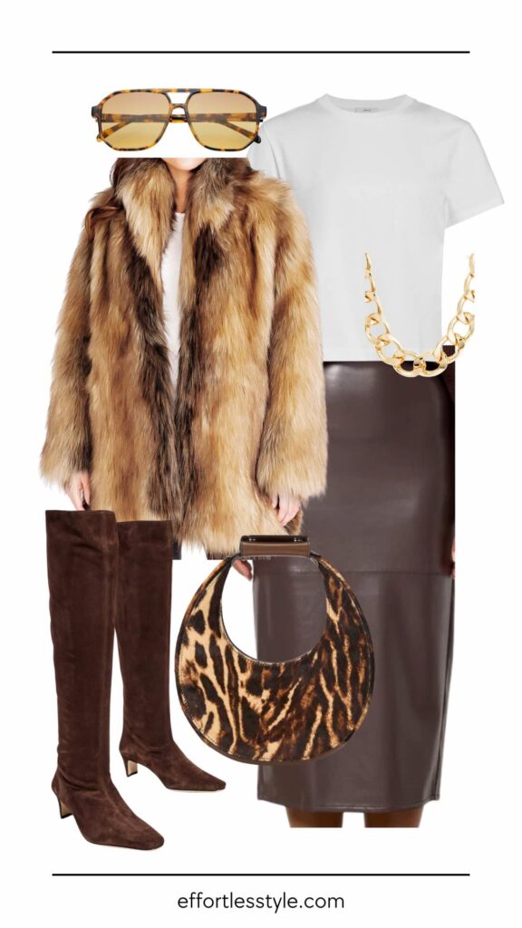 How To Wear A Coat As A Statement Piece Faux Fur Coat & Faux Leather Midi Skirt tips for styling coats winter outfits how to style a faux fur coat  how to style a leather midi skirt how to style a leopard print bag Nashville personal stylists share winter style inspo