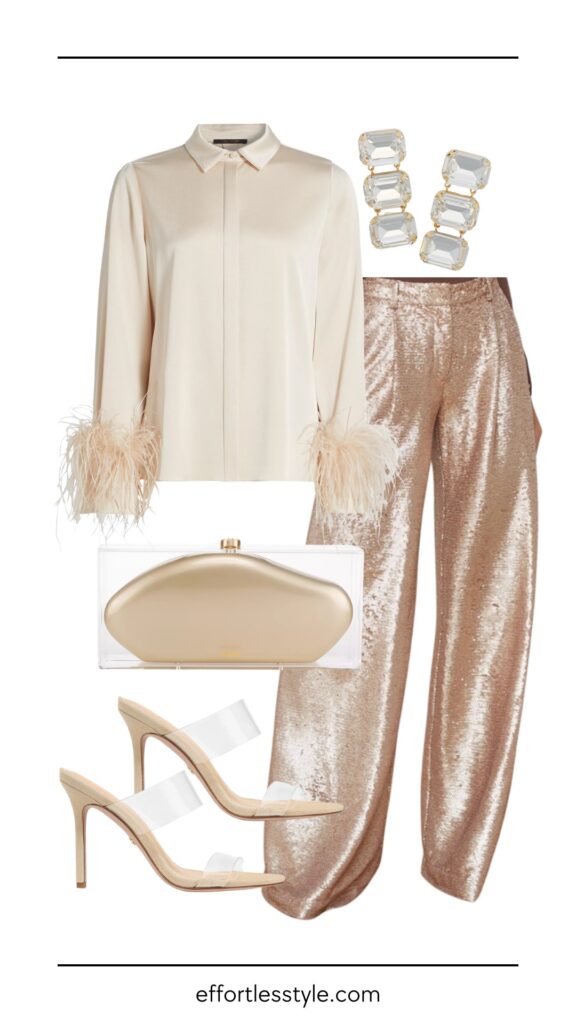 How To Wear Sequins Feather Trim Blouse & Sequin Trousers how to wear sequin trousers how to style sequin pants what to wear for new years eve the best winter party accessories how to create a monochromatic look with sequins