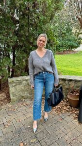 6 Holiday Outfits With Jeans Grey V-Neck Sweater & Embellished Jeans how to wear jeans to holiday parties what to wear for new years eve NYE outfit Nashville personal shoppers share holiday outfits what to wear for casual christmas parties