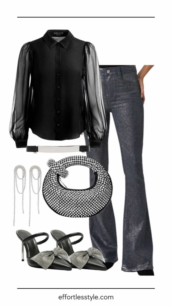 Blouson Sleeve Blouse & Glitter Denim how to style glitter denim how to wear crystal accessories how to style sparkly accessories what to wear for new years eve NYE outfit inspo what to wear for christmas parties dressy denim