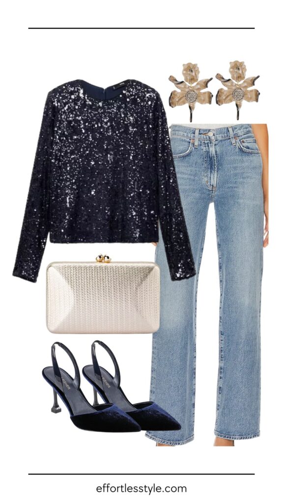 How To Wear Sequins Long Sleeve Sequin Tee & Straight Leg Jeans how to wear sequins with jeans how to wear jeans for holiday parties how to wear jeans for new years eve NYE outfit the best party accessories hollday party style