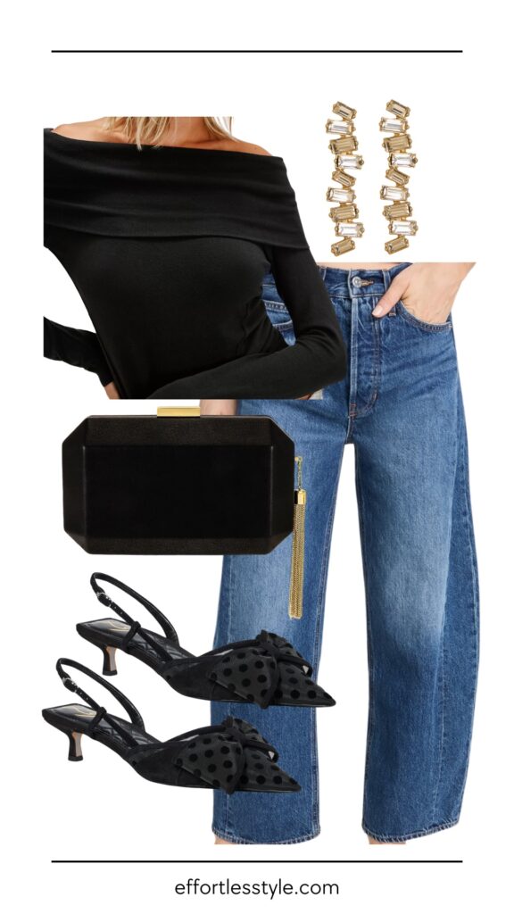 6 Holiday Outfits With Jeans Off The Shoulder Top & Barrel Jeans what to wear for new years eve NYE outfit inspiration how to style bow slingbacks how to wear slingbacks with barrel jeans how to style barrel jeans the best holiday party accessories what to wear to casual christmas parties