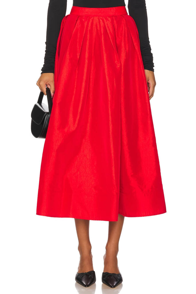 What We're Wearing: Home For the Holidays Pleated Full Midi Skirt affordable taffeta skirt what to wear to Christmas parties what to wear on Christmas Eve holiday party ideas