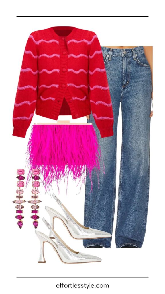 6 Holiday Outfits With Jeans Striped Cardigan & Wide Leg Jeans how to wear red and pink for holiday parties how to jeans for holiday parties colorful holiday outfits how to style silver heels how to style a feather clutch Nashville personal stylists share holiday outfits what to wear to casual christmas parties