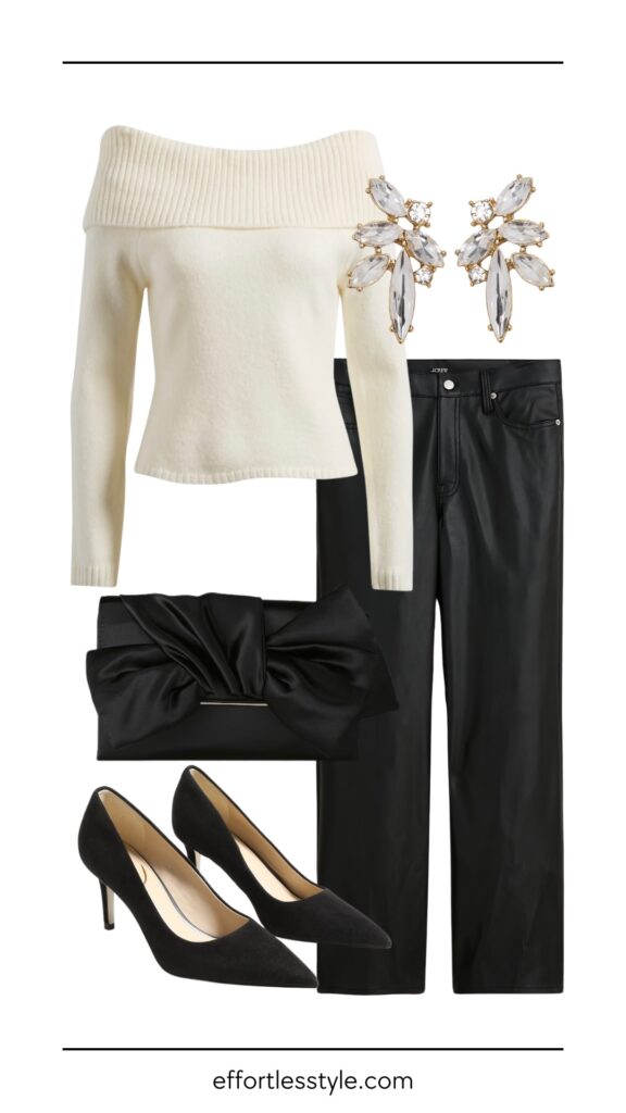 Sweater & Faux Leather Pants how to wear leather pants for holiday parties how to style an off the shoulder sweater for Christmas parties how to wear statement earrings for holiday parties affordable holiday style nashville personal shoppers share holiday style inspiration the best holiday accessories