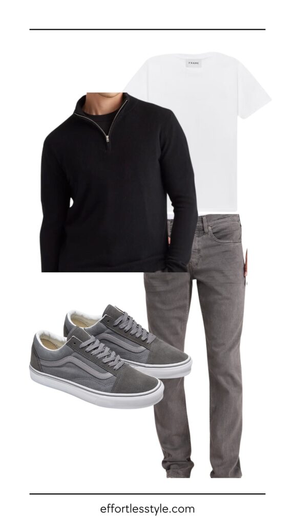 Men's Guide to Wearing Sneakers in the Business World Cashmere Half Zip & Grey Jeans & Sneakers how to wear sneakers for casual friday how to style sneakers with jeans for work how to wear jeans to work men's work style men's workwear