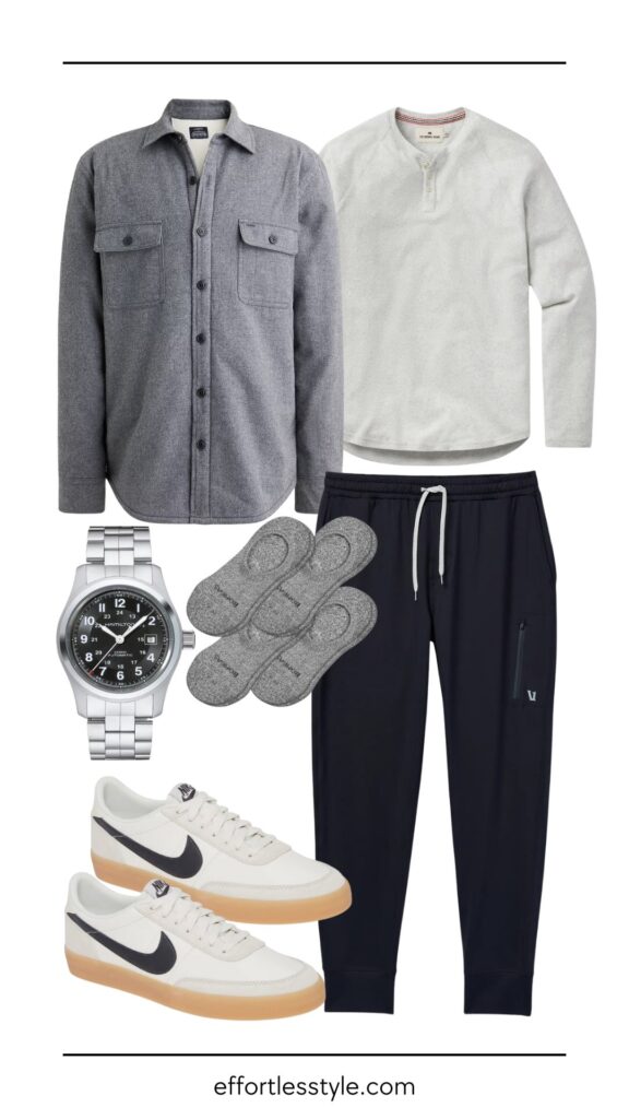 Laid-Back Looks: Athleisure Outfit Ideas Every Guy Will Love Flannel Shirt Jacket & Henley & Jogger how to elevate your athleisure outfit how to style leather sneakers how to wear a shacked men's athleisure style how to style a henley winter weekend style inspiration for the guys