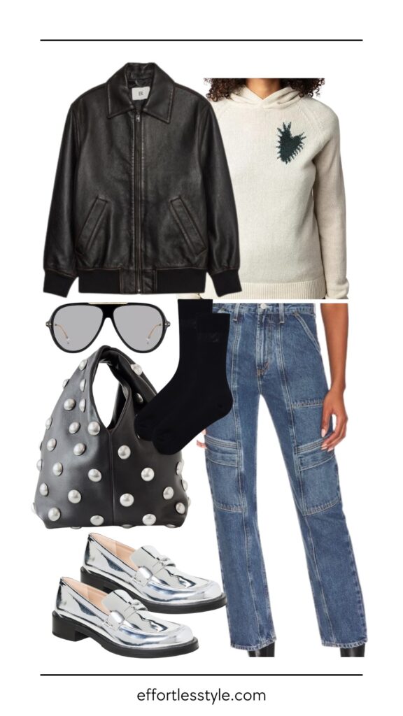 How To Dress For The Post Holiday Slump Leather Bomber Jacket & Hoodie Sweater & Cargo Jeans how to style an oversized bomber jacket how to style a hoodie sweater how to style an embellished purse how to wear silver loafers how to style loafer socks the loafer sock trend Nashville personal stylists share casual winter outfit how to wear cargo jeans