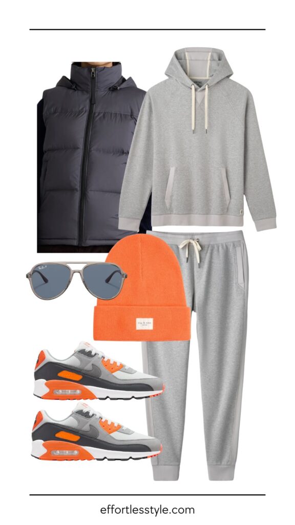 Laid-Back Looks: Athleisure Outfit Ideas Every Guy Will Love Puffer Vest & Hoodie & Sweatpant how to style a sweat set men's athleisure looks how to style a puffer vest how to wear nike air max how to style orange and grey winter weekend style inspiration for the guys