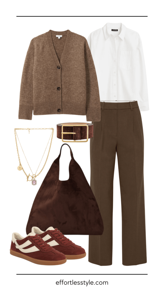 Brown Tailored Trousers how to wear tailored trousers styling brown trousers how to wear a cardigan with a button-up shirt the best winter accessories how to wear suede sneakers