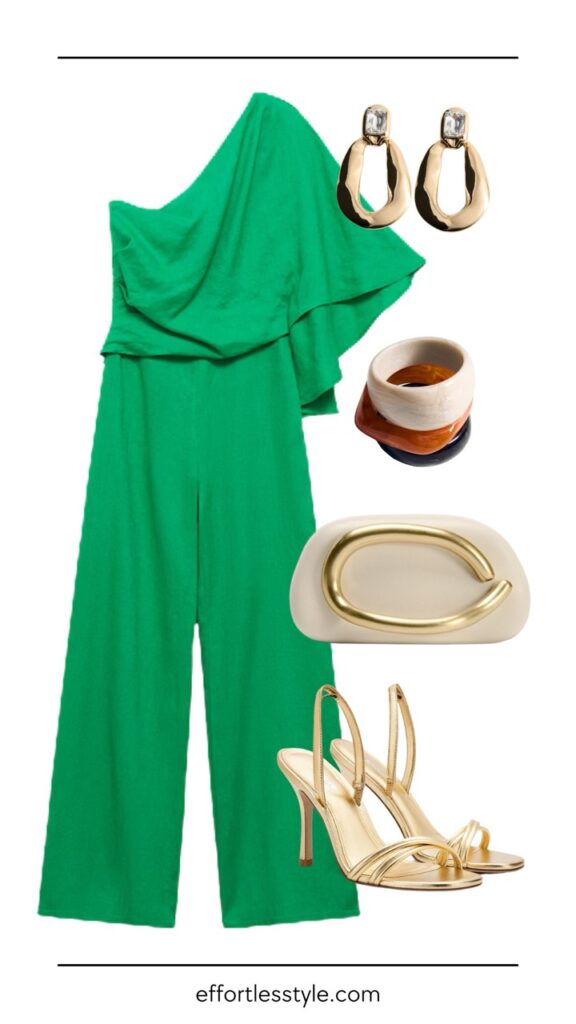 Asymmetrical Jumpsuit how to style a jumpsuit for a spring wedding the best dressy accessories Nashville personal stylists share style Inspo for spring events how to wear a jumpsuit for a spring event how to wear green this spring