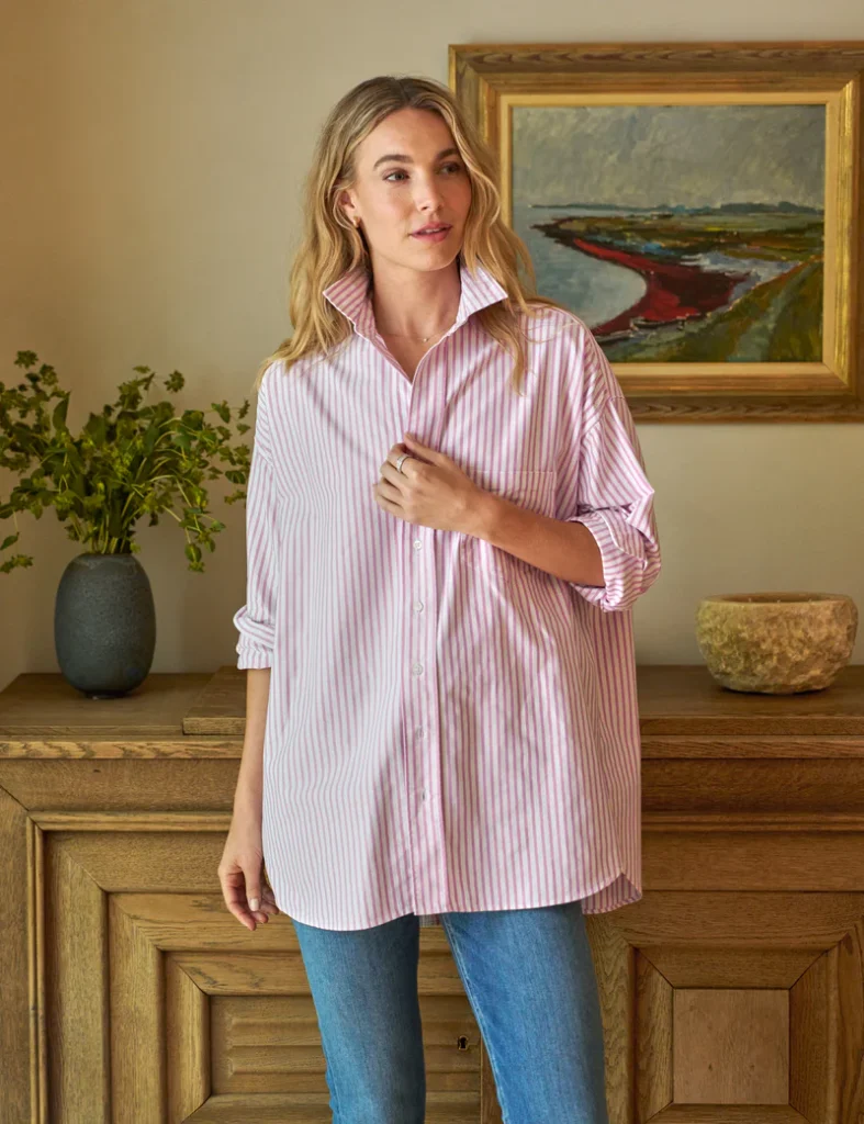 3 Spring Fashion Trends You Need To Know Striped Oversized Button-Up Shirt the powder pink trend spring trends what to buy this spring what to wear this spring Nashville personal stylists share favorite spring trends