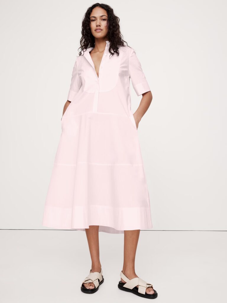 3 Spring Fashion Trends You Need To Know Poplin Tuxedo Front Midi Dress what to buy this spring the powder pink trend what to wear this spring