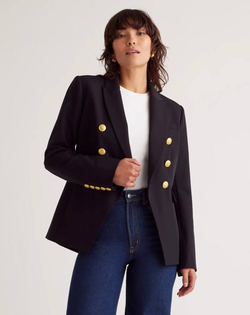 6 Things We Are Loving At Quince Scuba Captain's Convertible Blazer affordable captain's blazer affordable wardrobe staples spring closet must haves what to buy for spring what to buy at Quince for spring