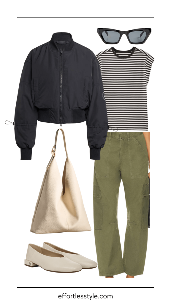 The 6 Pants You Need And How To Style Them Utility Pants how to wear utility pants how to style a muscle tee how to wear ivory flats how to style a cropped bomber jacket early spring outfit