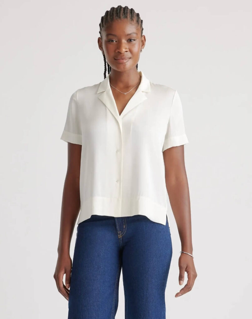 6 Things We Are Loving At Quince Washable Stretch Silk Short Sleeve Notch Collar Blouse affordable silk blouse affordable wardrobe staples versatile blouse for spring our favorite things at Quince  what to buy for spring what to buy at Quince for spring