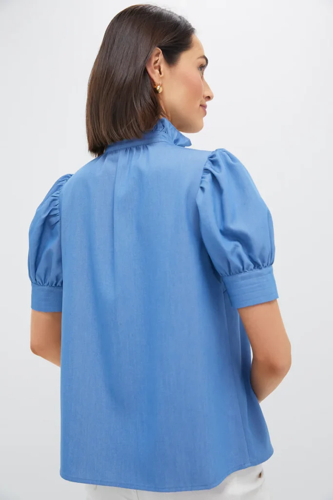 Ruffle Collar Short Sleeve Chambray Shirt