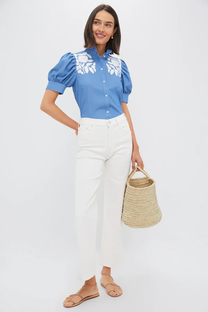 How to Shop Tuckernuck Like a Stylist : Katey Preston’s Favorites Ruffle Collar Short Sleeve Chambray Shirt Tuckernuck favorites spring style what to buy this spring the best spring tops spring fashion spring fashion what to buy at Tuckernuck