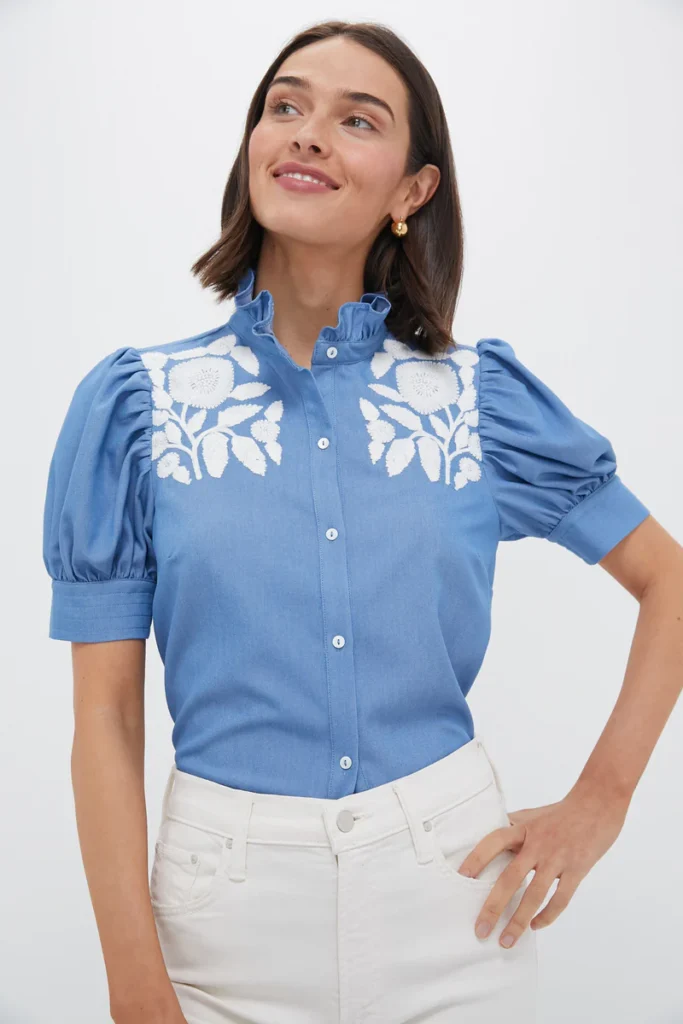 How to Shop Tuckernuck Like a Stylist : Katey Preston’s Favorites Ruffle Collar Short Sleeve Chambray Shirt Tuckernuck favorites spring style what to buy this spring the best spring tops spring fashion spring fashion what to buy at Tuckernuck