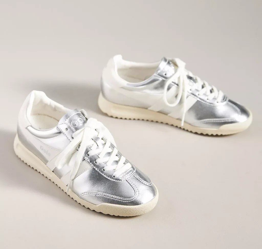 The Best Shoes To Wear With Barrel Leg Pants For Spring Silver Sneaker what to wear with barrel leg pants how to style sneakers with barrel pants the best sneakers for spring the barrel leg pant trend