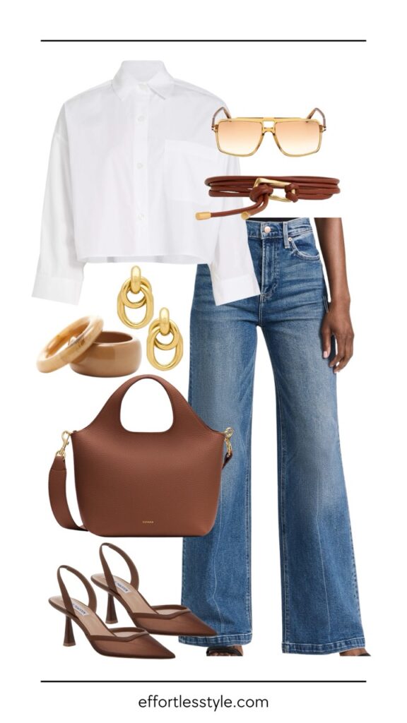 Cropped Button-Up Shirt & Jeans how to style a cropped button-up shirt the best spring accessories how to style brown accessories for spring spring outfit date night outfit