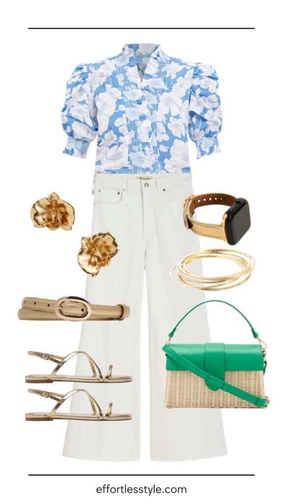 How to Wear Wide Leg Jeans This Spring (Without Feeling Overwhelmed) Short Sleeve Blouse & White Wide Leg Jean how to wear white jeans this spring how to style sandals with wide leg jeans the best straw bags for spring and summer the best spring accessories spring blouses nashville personal stylists style over 40