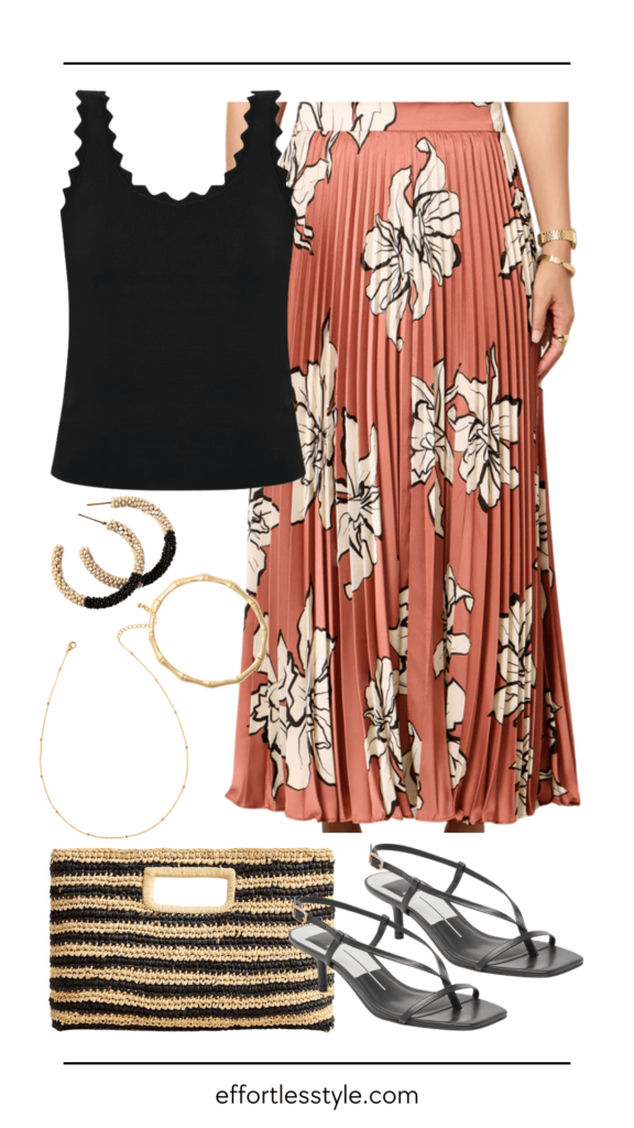 6 Foolproof Outfits To Try In April Tank & Pleated Midi Skirt what to wear to a luncheon this spring what to wear to a baby shower for spring how to style a pleated skirt the best spring accessories spring shoes spring outfit go-to jewelry