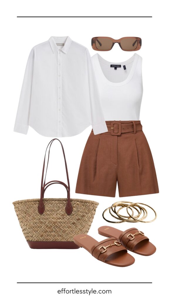 How To Wear Shorts In Your 40s and 50s And Still Feel Polished Button-Up Shirt & Stretch Linen Short summer outfit nashville personal stylists how to style linen shorts how to wear shorts if you are middle aged the best summer accessories how to style a white button-up shirt for summer