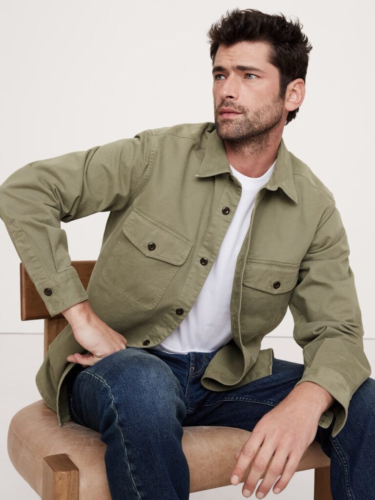 For The Guys: Your Summer Style Refresh Checklist Cotton Twill Shirt Jacket must have summer jackets summer wardrobe staples what to buy this summer Nashville personal stylists the best lightweight jackets for summer