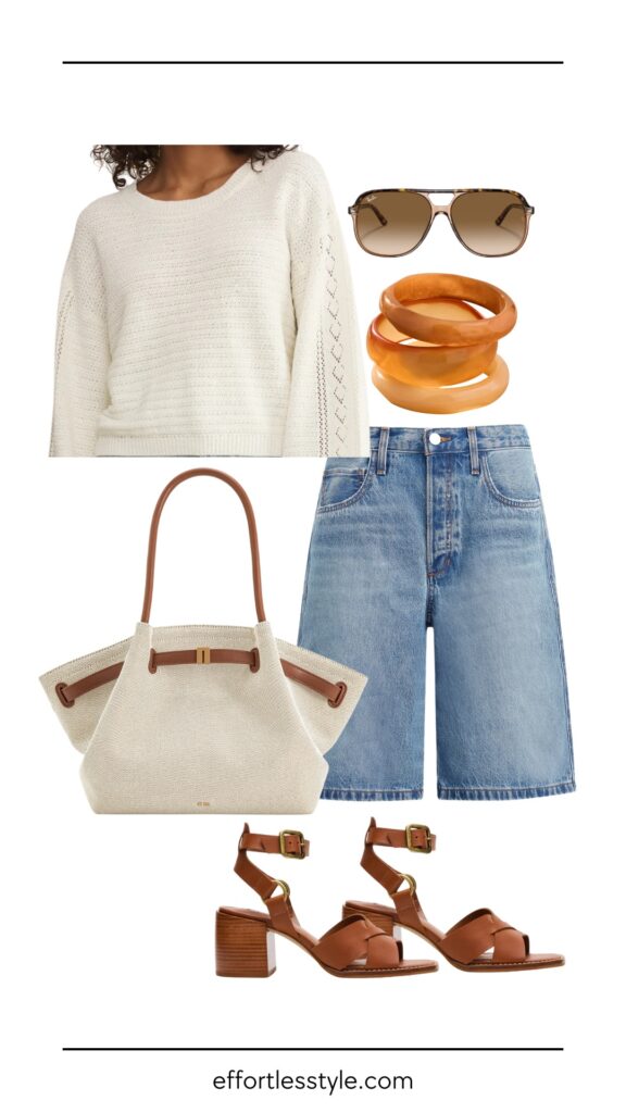 How To Wear Shorts In Your 40s and 50s And Still Feel Polished Crochet Sweater & Bermuda Jean Short Nashville stylists how to style long jean shorts how to wear Bermuda shorts summer outfit