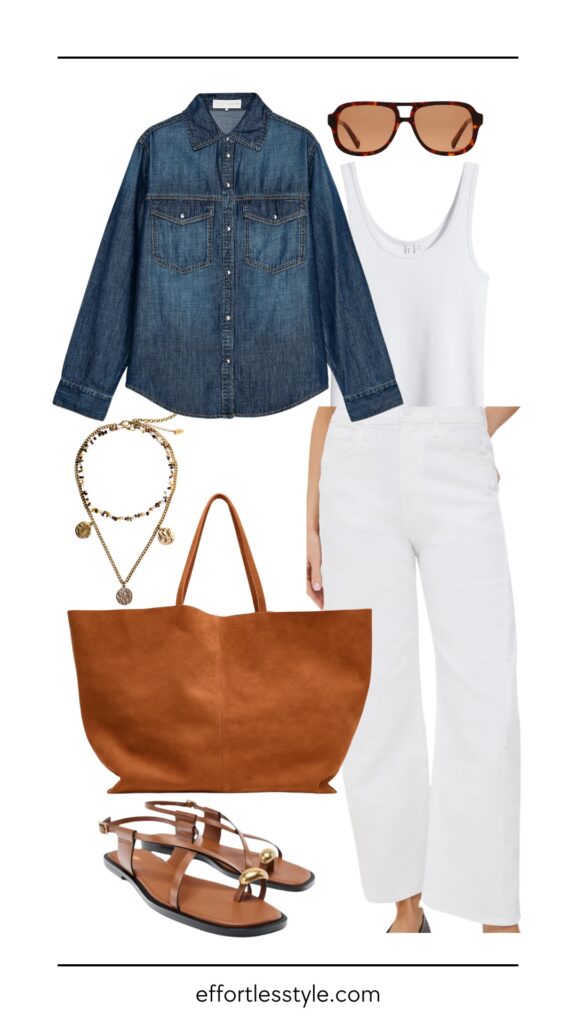 The Third Piece Rule: When The Weather Is Warm Denim Shirt how to style an oversized denim shirt for summer how to style white jeans denim on denim the best summer accessories Nashville personal shoppers summer outfit spring outfit