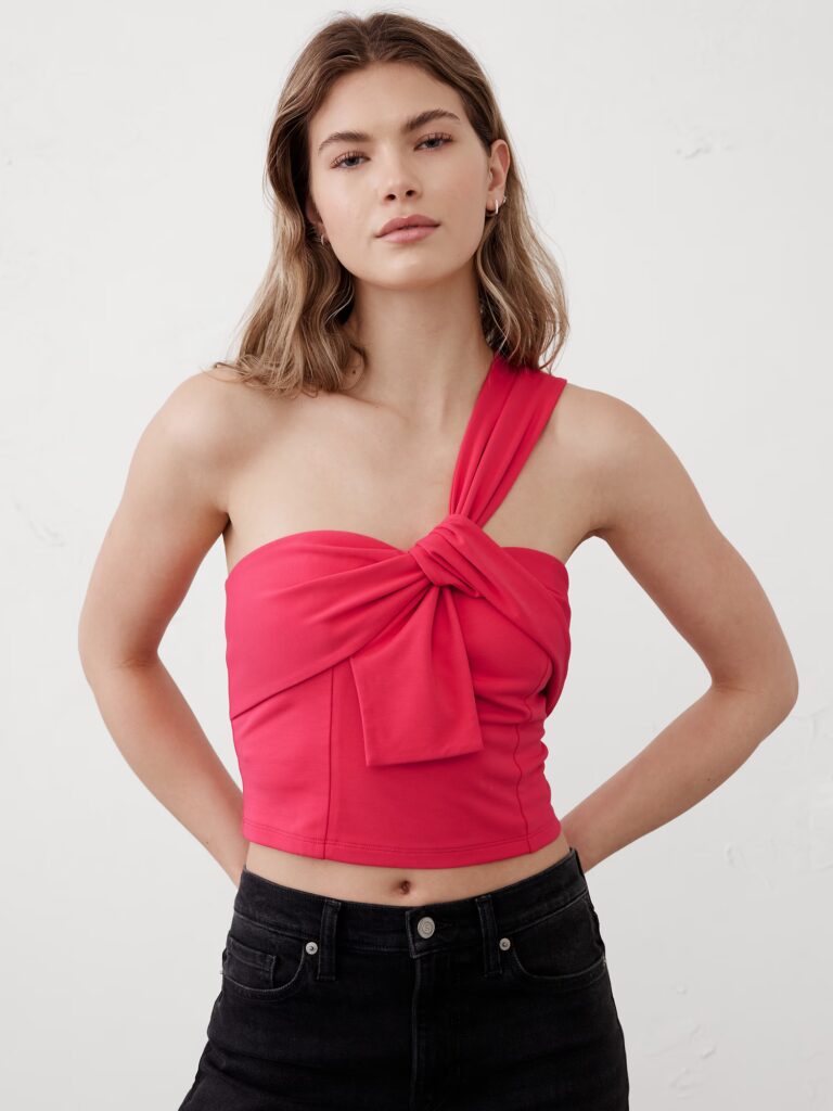 Summer Style: When To Invest And When To Save Knotted One Shoulder Cropper Bustier Nashville stylists trendy summer top colorful summer top what to wear this summer