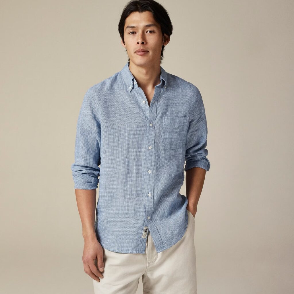 For The Guys: Your Summer Style Refresh Checklist Mini Houndstooth Long Sleeve Linen Button-Down must have summer shirts summer wardrobe staples what to buy this summer Nashville stylists the best button-up shirts for summer men's summer style