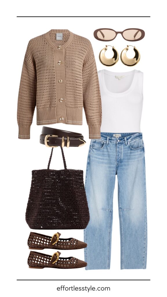How To Style A Cardigan For Spring & Summer Open Stitch Cardigan & Barrel Leg Jean how to wear barrel leg jeans for summer the best summer accessories how to style brown accessories for spring summer Nashville personal stylists how to style an open weave cardigan how to style woven ballet flats spring outfit