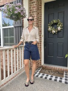 How To Style A Cardigan For Spring & Summer Open Stitch Cardigan & Bermuda Shorts summer outfit spring outfit nashville stylists how to wear Bermuda shorts how to style an open weave cardigan