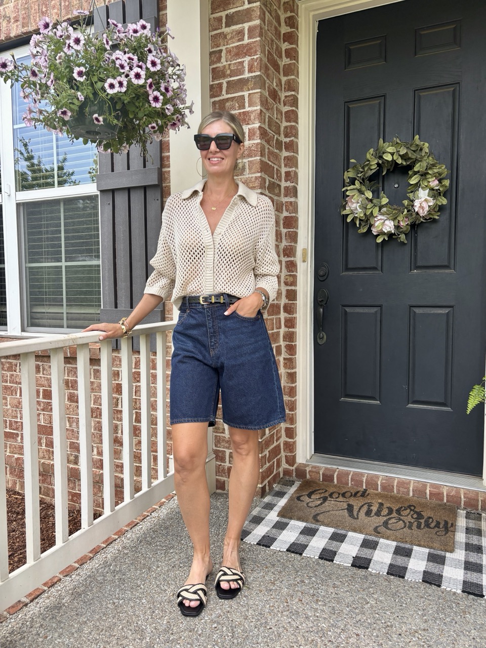 How To Style A Cardigan For Spring & Summer Open Stitch Cardigan & Bermuda Shorts summer outfit spring outfit nashville stylists how to wear Bermuda shorts how to style an open weave cardigan