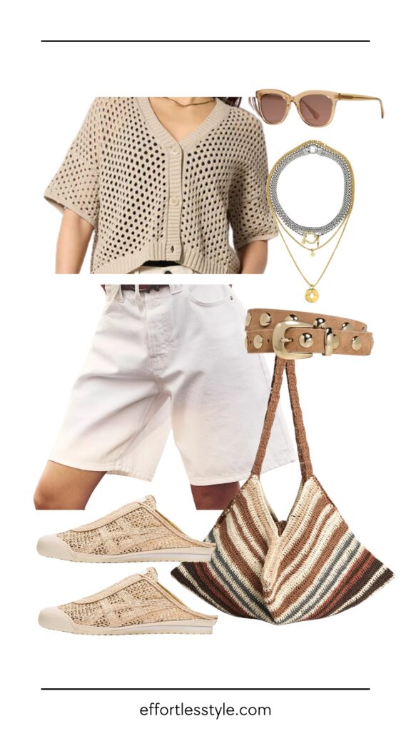 How To Style A Cardigan For Spring & Summer Open Stitch Short Sleeve Cardigan summer outfit how to style a short sleeve cardigan how to create a tone on tone look for spring the best summer accessories how to style Bermuda shorts Nashville personal shoppers