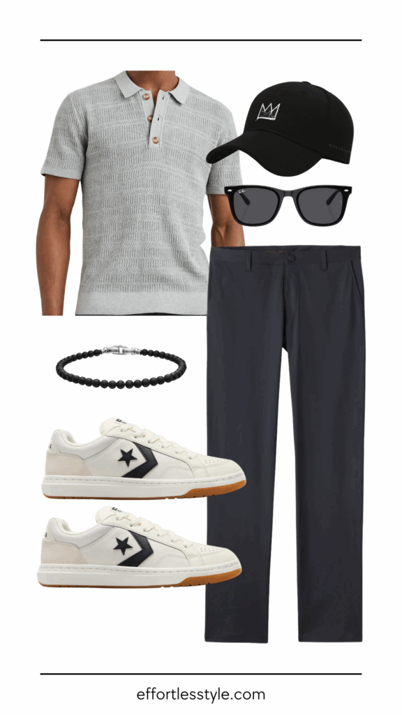 The Casual-To-Dressy Scale: 3 Ways To Wear A Polo Shirt Polo & Commuter Pant & Sneaker how to wear sneakers with a polo how to wear a polo with commuter pants how to wear a baseball cap with a polo men's spring style men's spring outfit