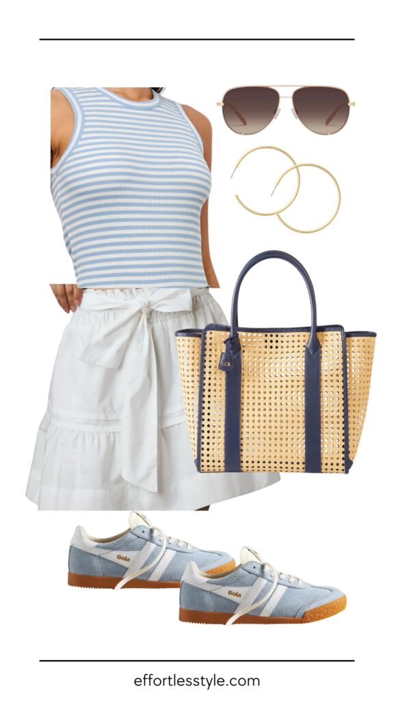 What To Wear For Memorial Day Striped Tank & A-Line Skirt what to wear to a BBQ what to wear to a grill out summer outfit the best summer accessories nashville personal shoppers how to style sneakers with a skirt must have summer bag summer style