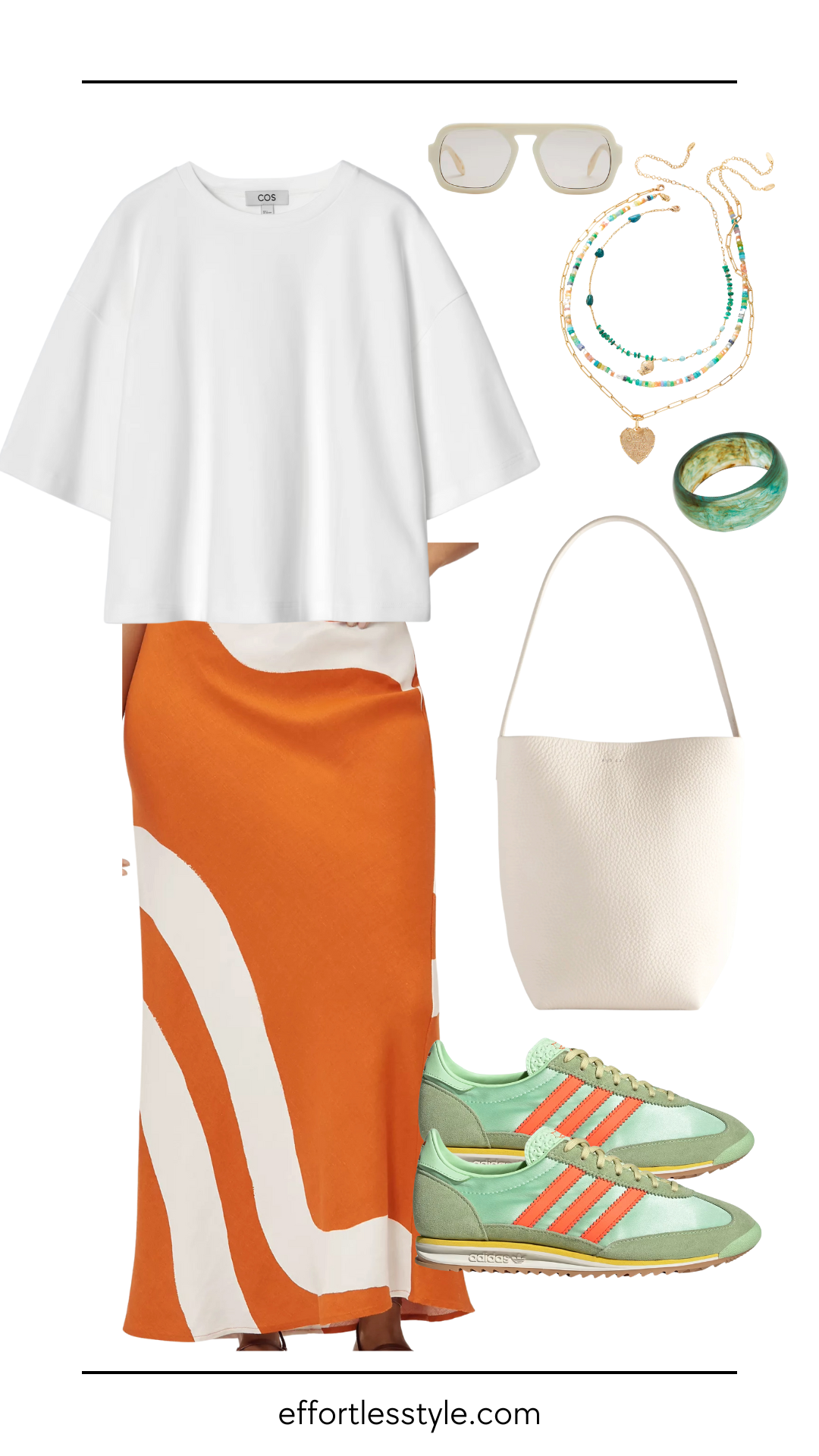 How to choose the right tuck for any outfit: the no tuck with white oversized tee, orange abstract slip skirt, mint Adidas sneakers, and colorful accessories.