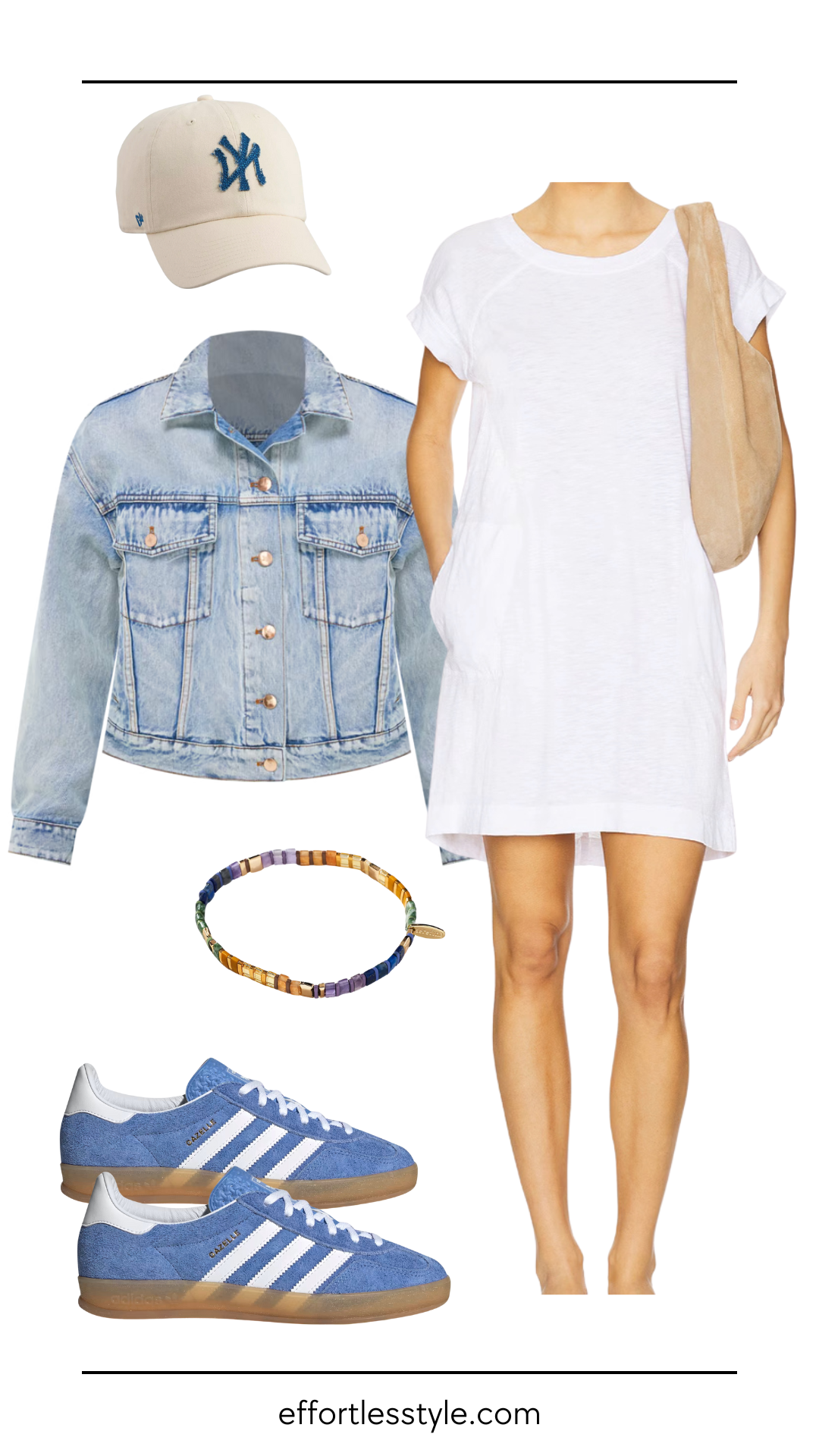 What to wear for July 4th? White t-shirt dress look. Denim jacket and t-shirt dress outfit.