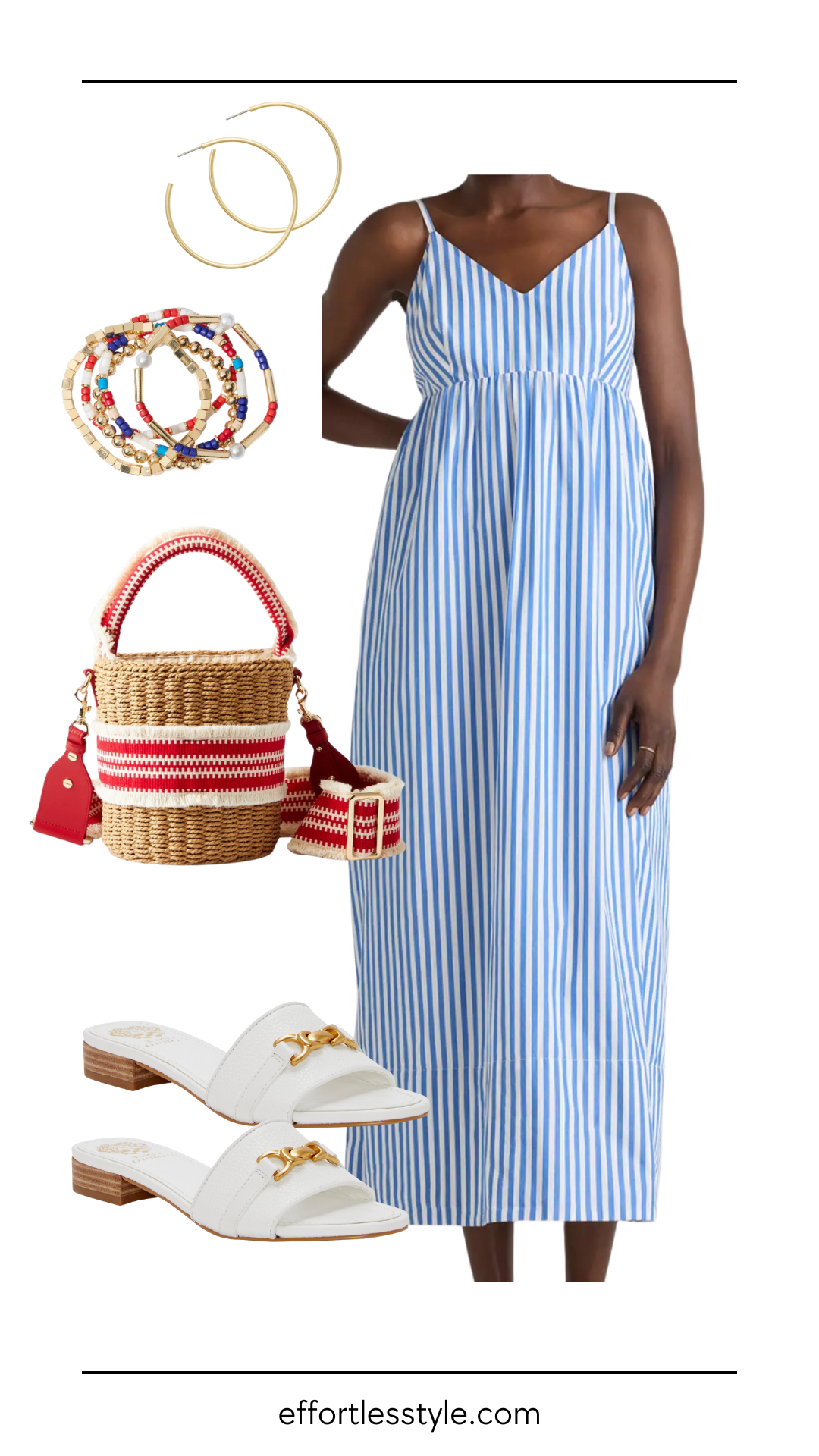 What to wear for July 4th? Blue and white striped maxi dress look with festive accessories.